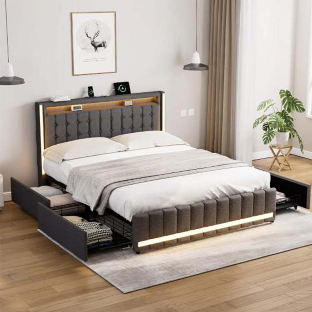 Bedroom scene with headboard and toe-kick LED