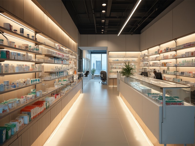 Pharmacy aisle shelf lighting